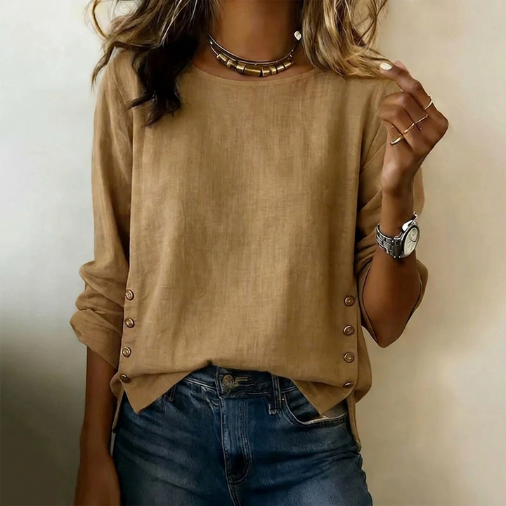 Women's Casual Round Neck Side-Button Linen Top