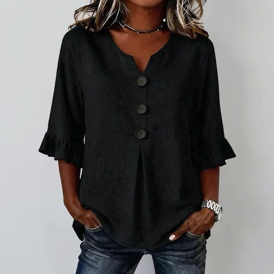 Women’s Ruffled Sleeve V-Neck Button Top