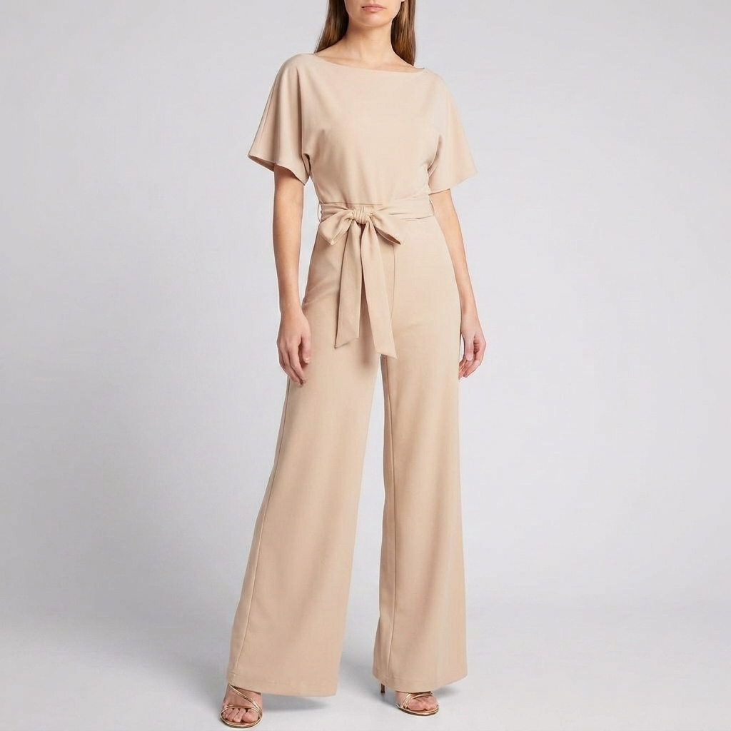 Women's Short Sleeve Belted Wide Leg Jumpsuit