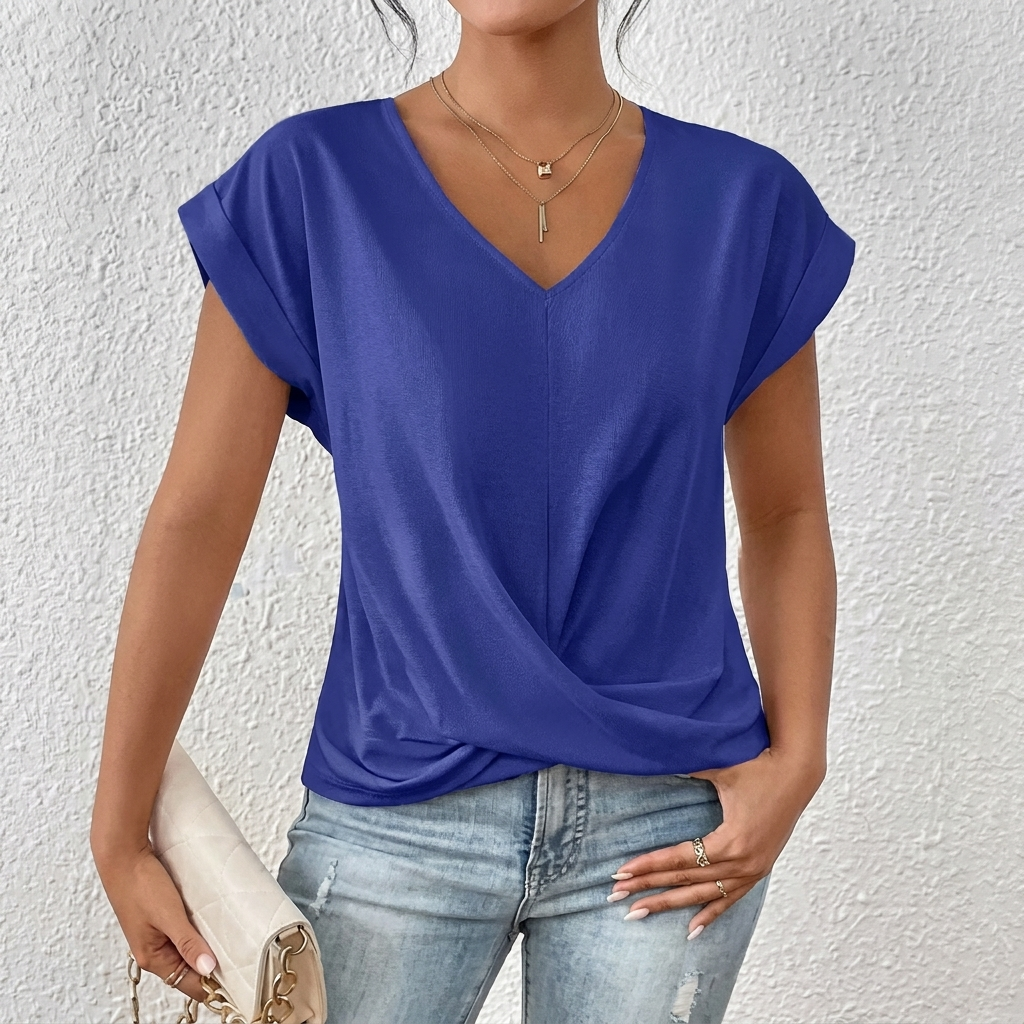 Women’s V-Neck Short Sleeve Top with Twist Knot Detail