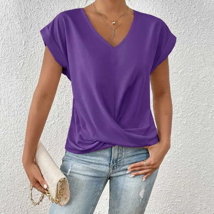 Women’s V-Neck Short Sleeve Top with Twist Knot Detail