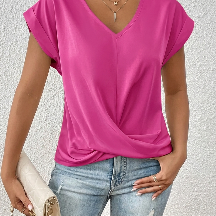 Women’s V-Neck Short Sleeve Top with Twist Knot Detail