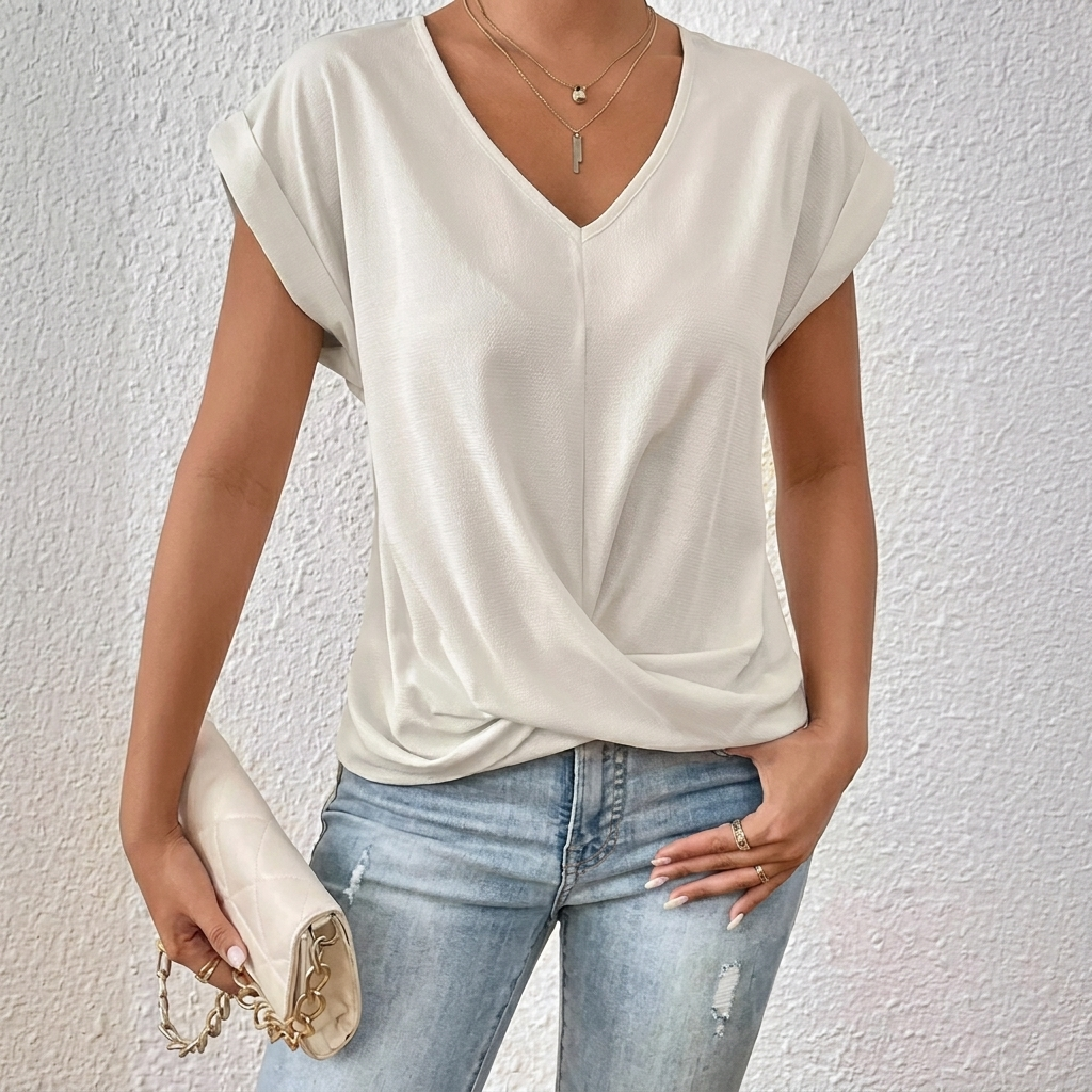 Women’s V-Neck Short Sleeve Top with Twist Knot Detail
