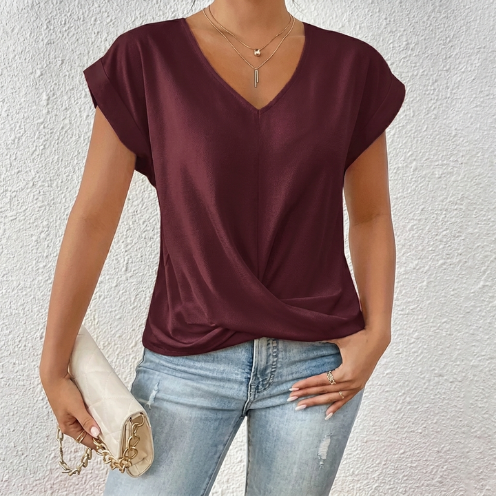Women’s V-Neck Short Sleeve Top with Twist Knot Detail