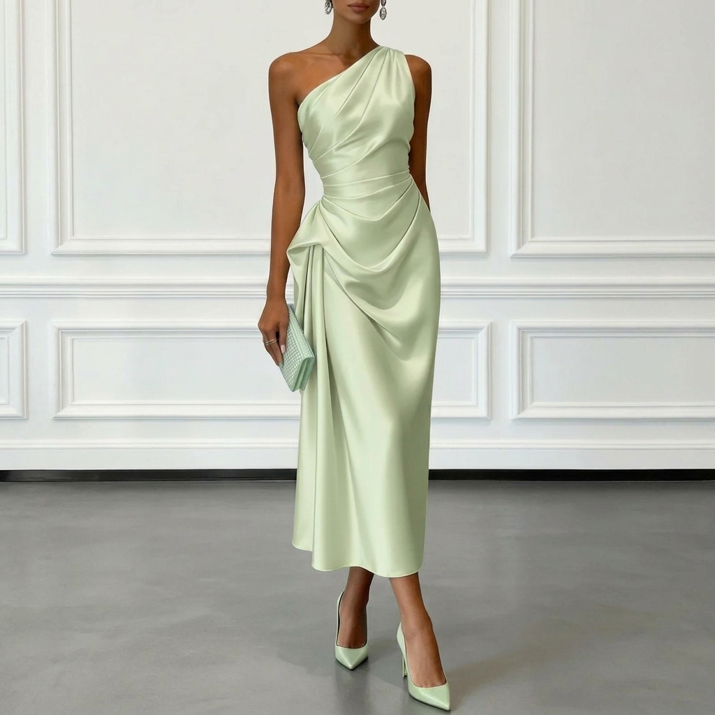 Womens Satin Pleated Waist-cinching Dress