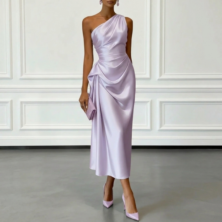 Womens Satin Pleated Waist-cinching Dress