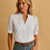 Embroidered White Blouse with Stand Collar for Women