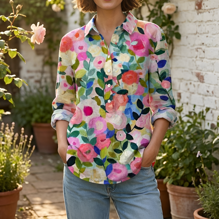 Long-Sleeve Floral Button-Front Blouse