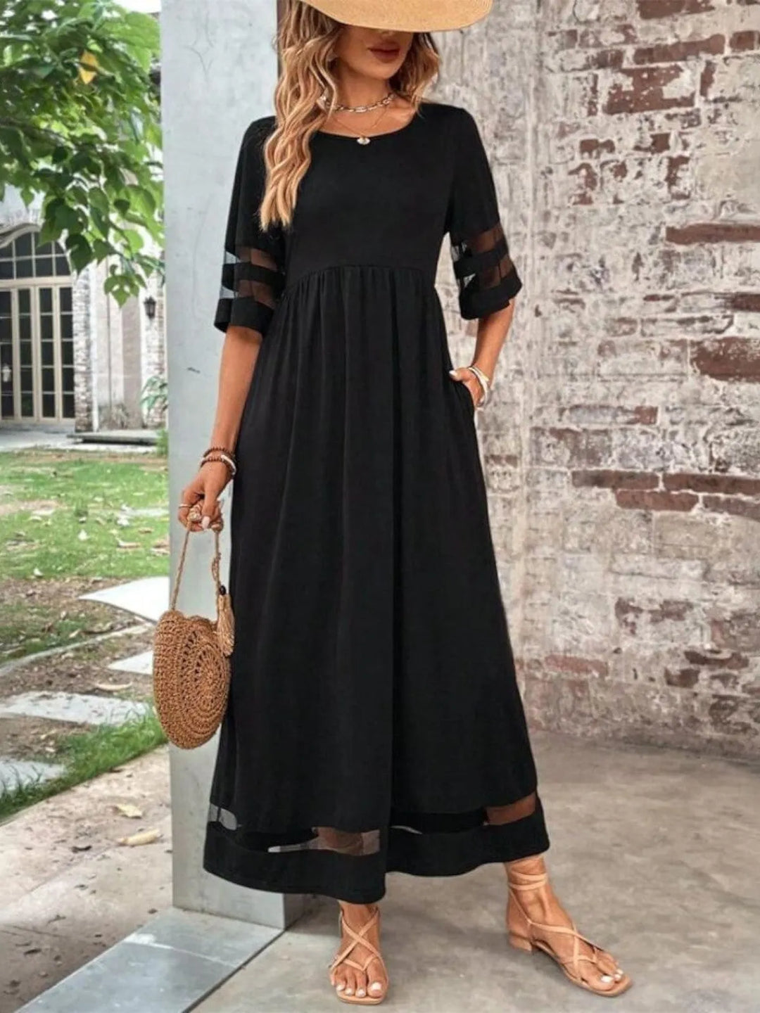 Kathryn Women's Sheer Sleeve A-Line Midi Dress