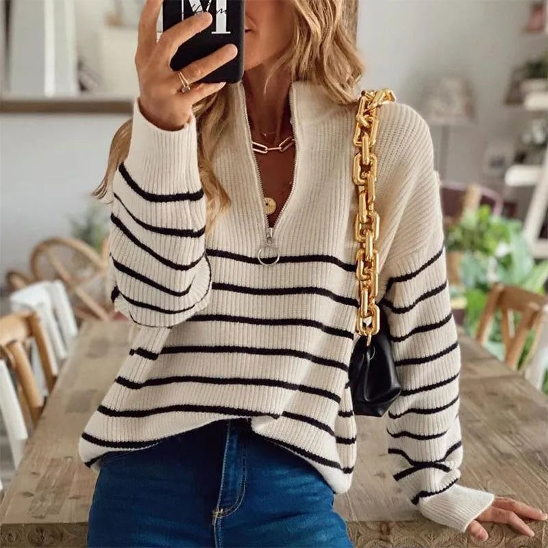 Luminitsa Women's Striped Ribbed Knit Half-Zip Sweater