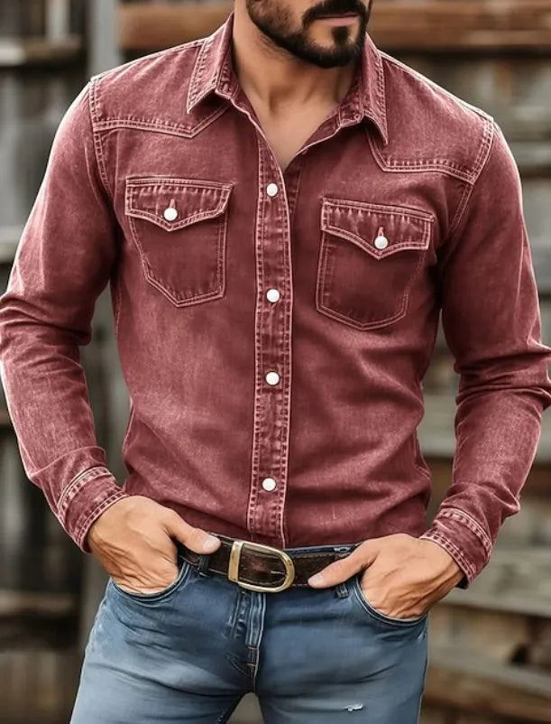 Men's Washed Button-Down Denim Shirt with Pockets