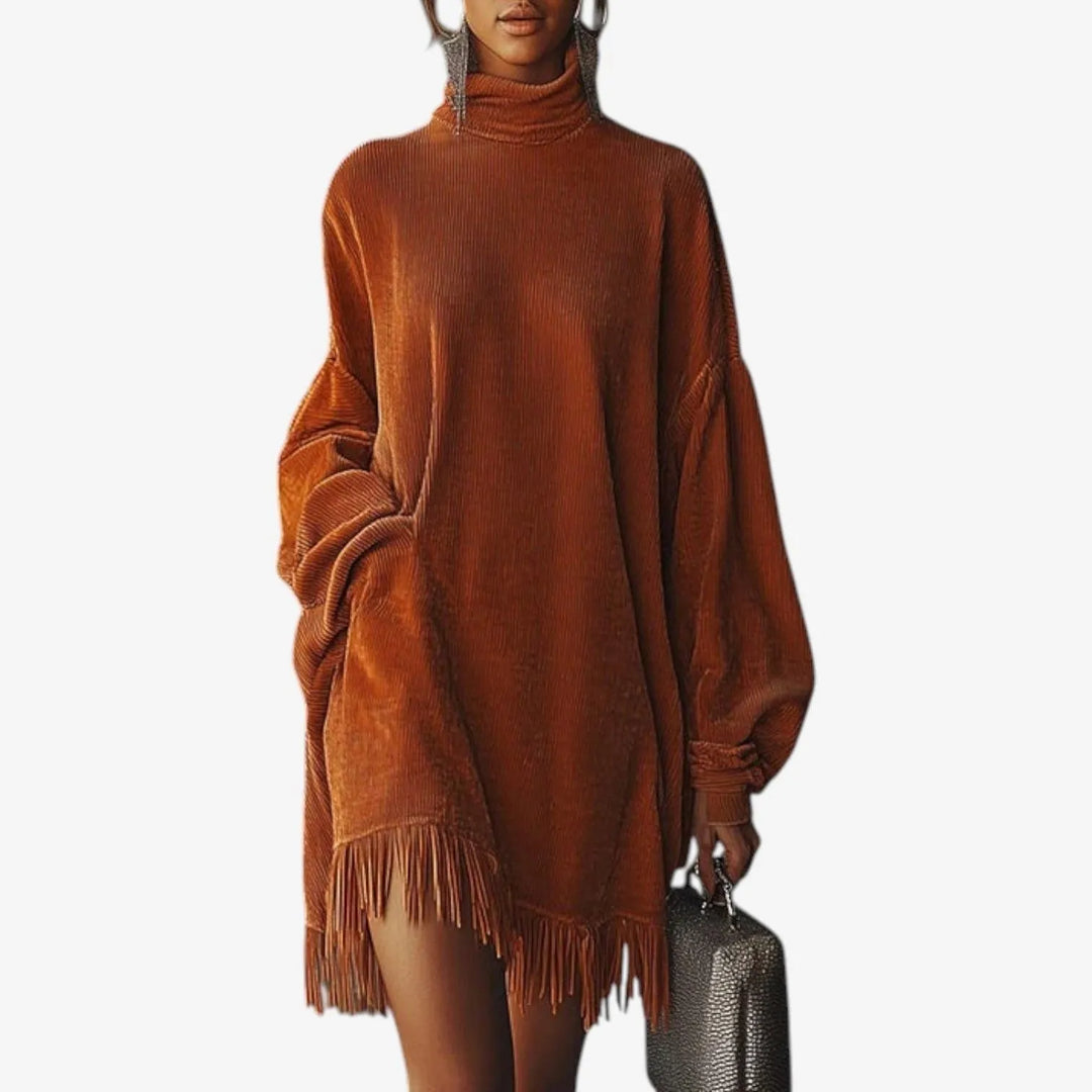 Meri Women's Ribbed Knit Turtleneck Dress with Fringe Hem