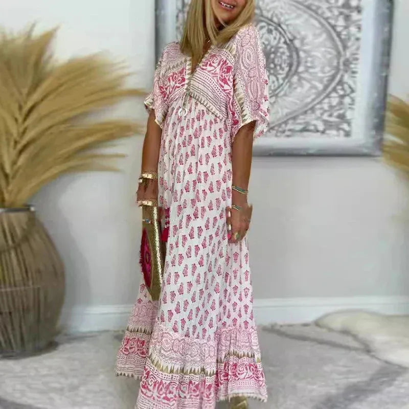 Nova Women's Boho Print Short Sleeve Maxi Dress
