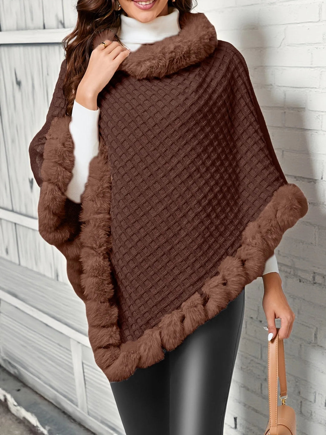 Ravenna Women's Cowl Neck Faux Fur Trim Poncho