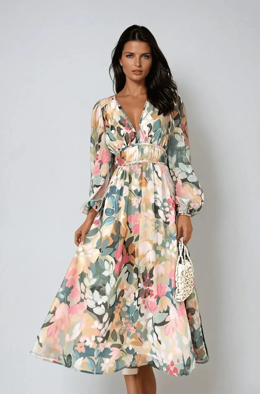 Rhea Women's Floral V-Neck Puff Sleeve Midi Dress