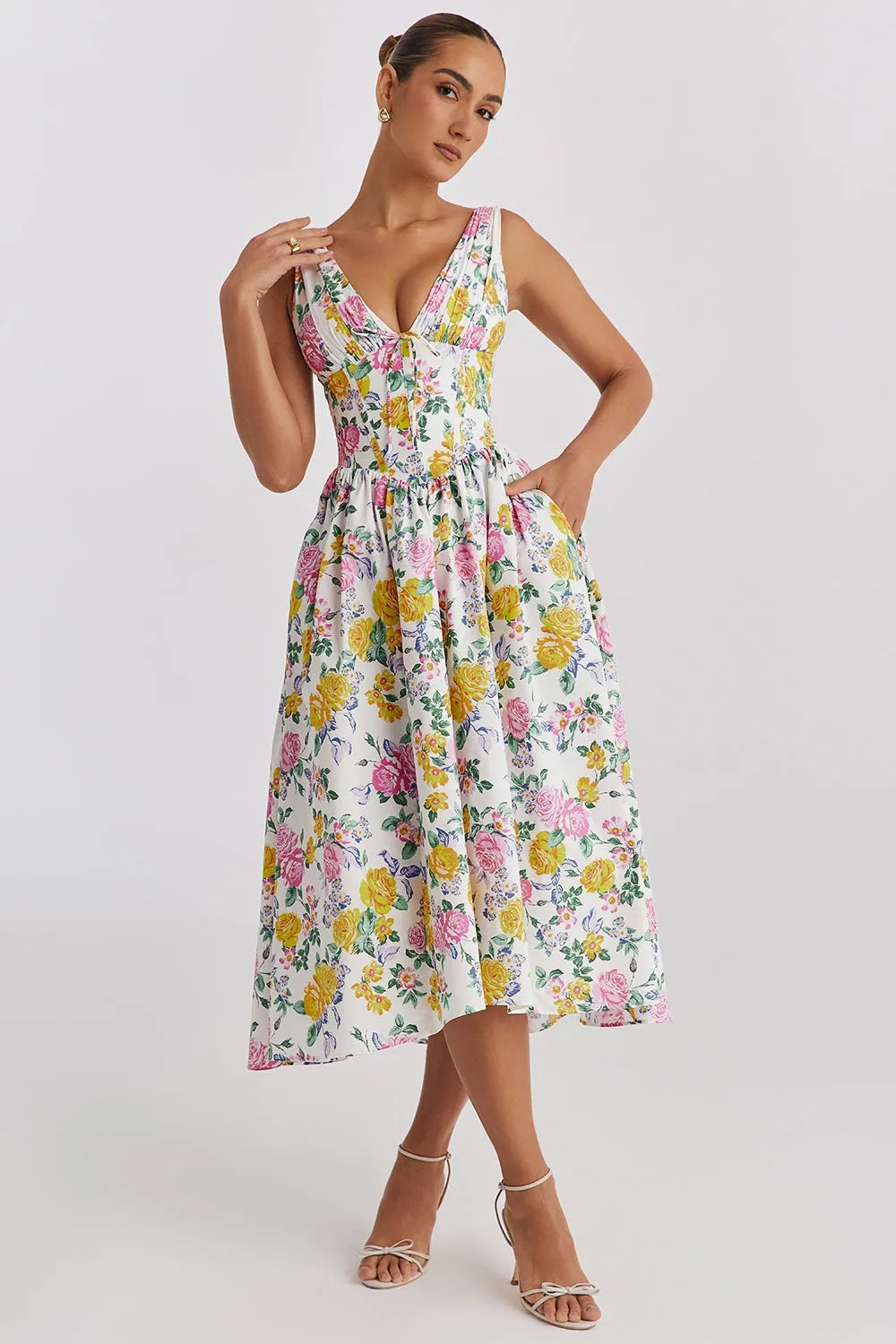 Saffron Women's Floral A-Line Midi Dress with V-Neck