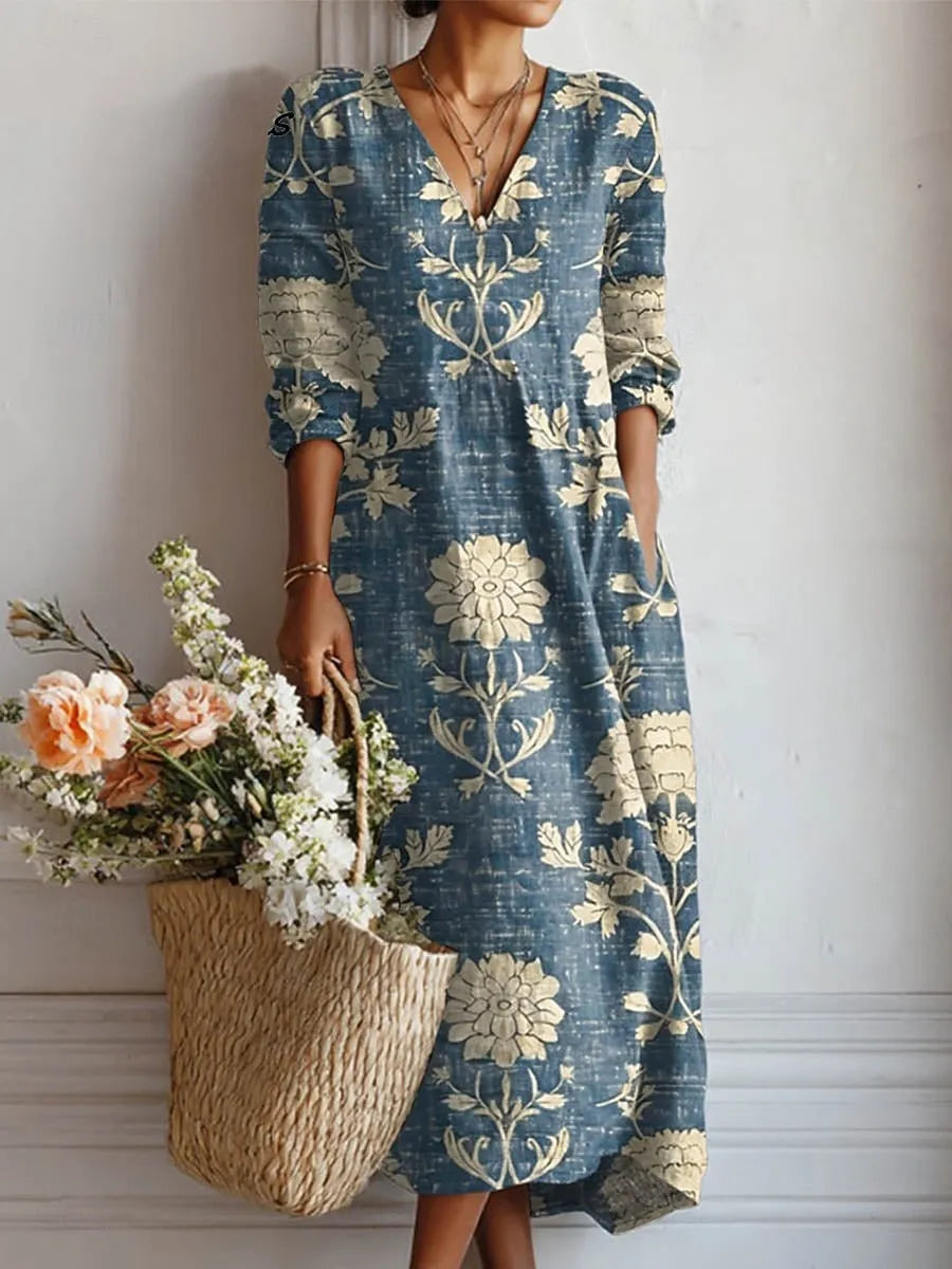 Sophia Women's V-Neck Floral Midi Dress with Pockets