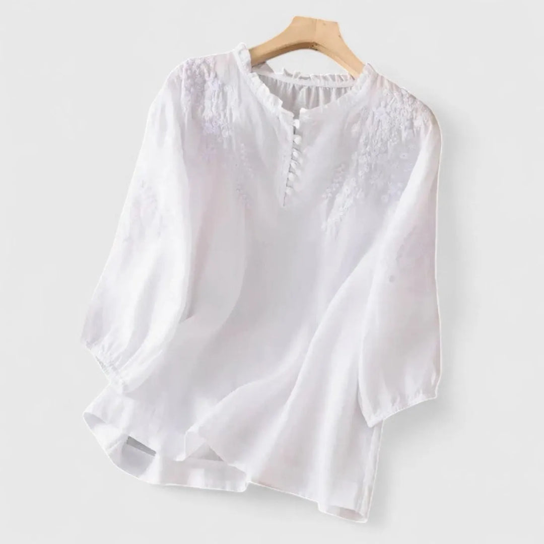 Sylvie Women's Embroidered Ruffle Collar Linen Blouse