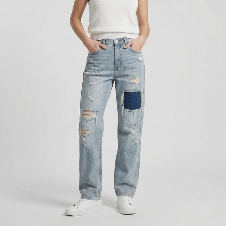 Vintage Wash Wide-Leg Ripped Jeans