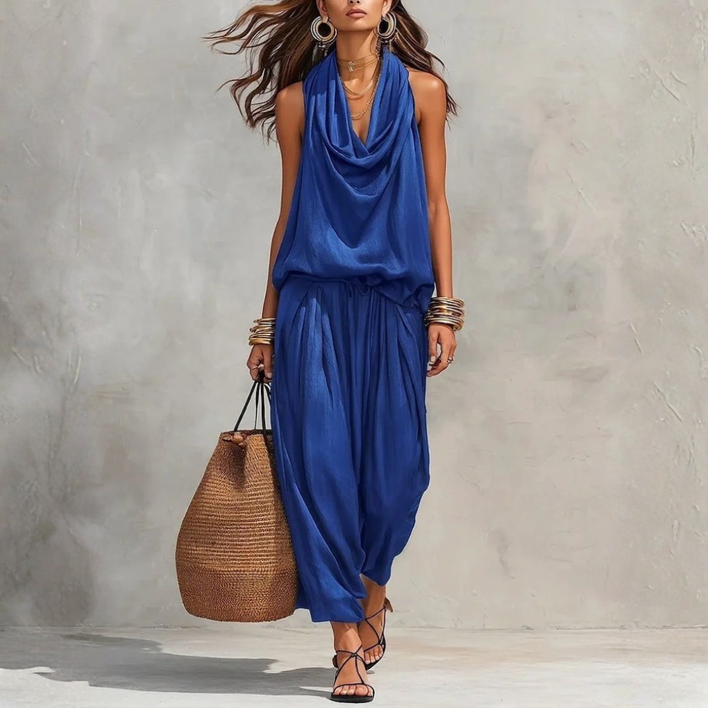 Womens Draped-Neck Vest And Casual Pants Set