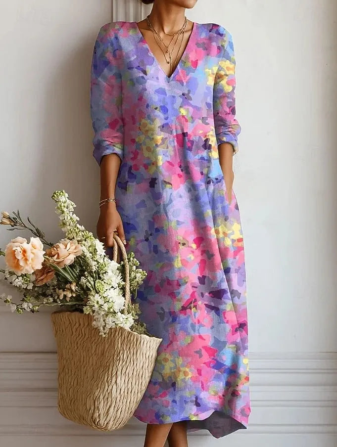 Women's Floral V-Neck Long Sleeve Midi Dress