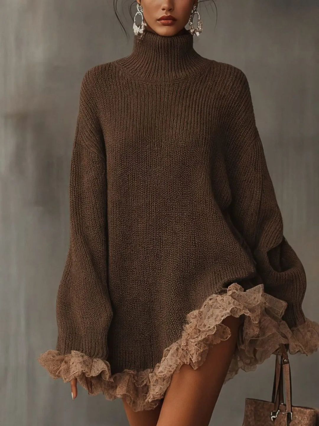 Women's Oversized Turtleneck Ruffled Hem Sweater Dress
