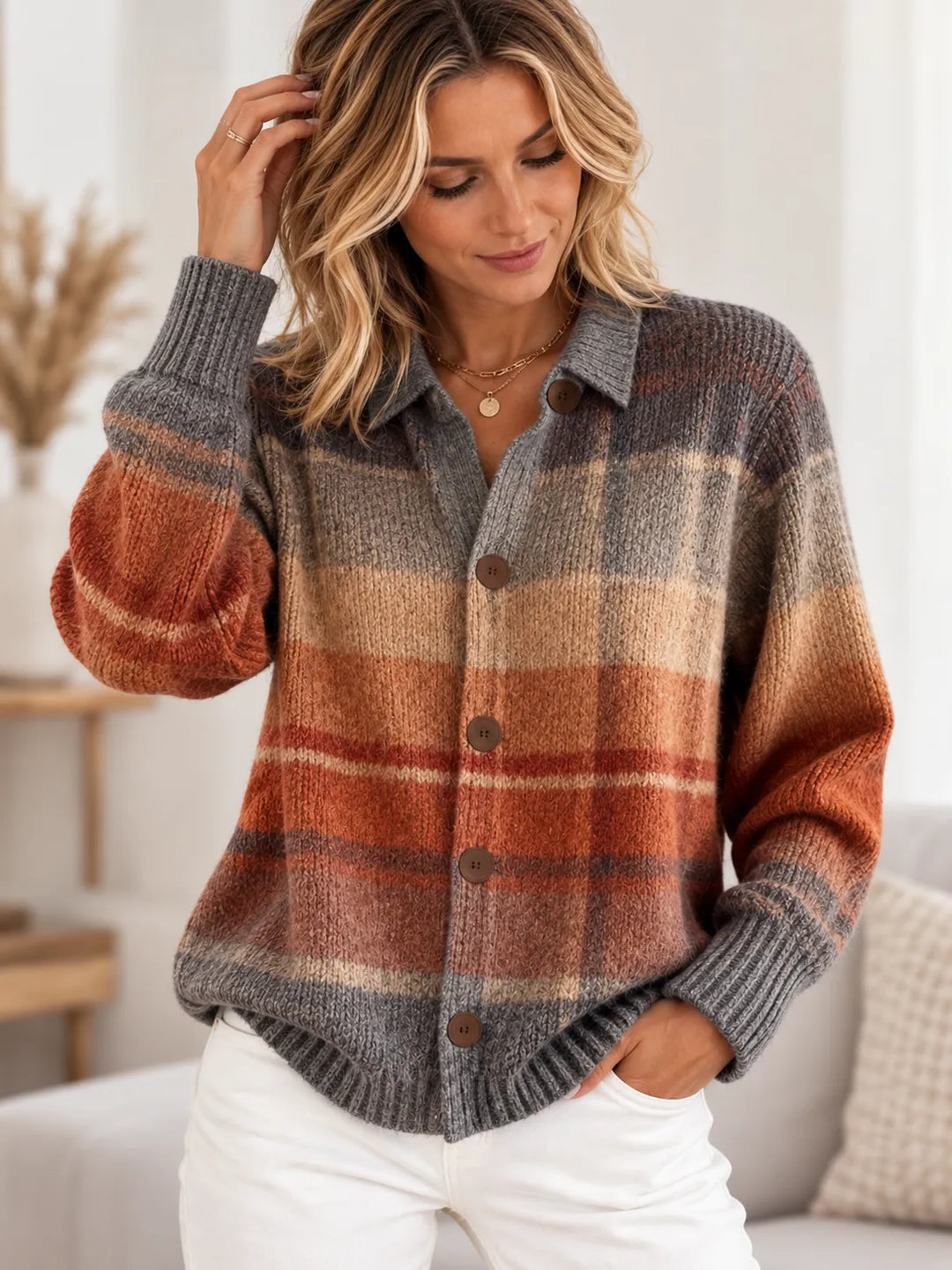 Women's Plaid Button-Down Knit Cardigan with Collar