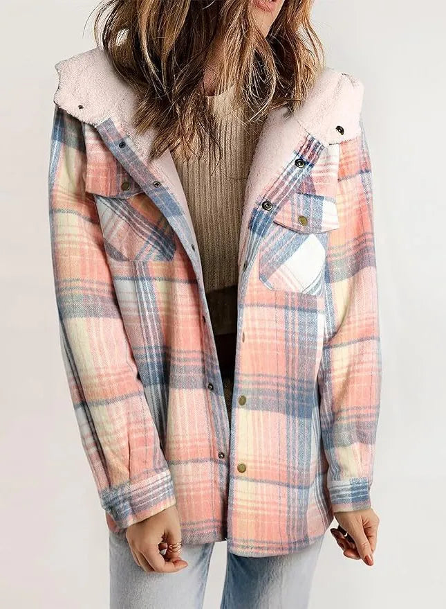 Women's Plaid Flannel Shirt Jacket with Sherpa Collar