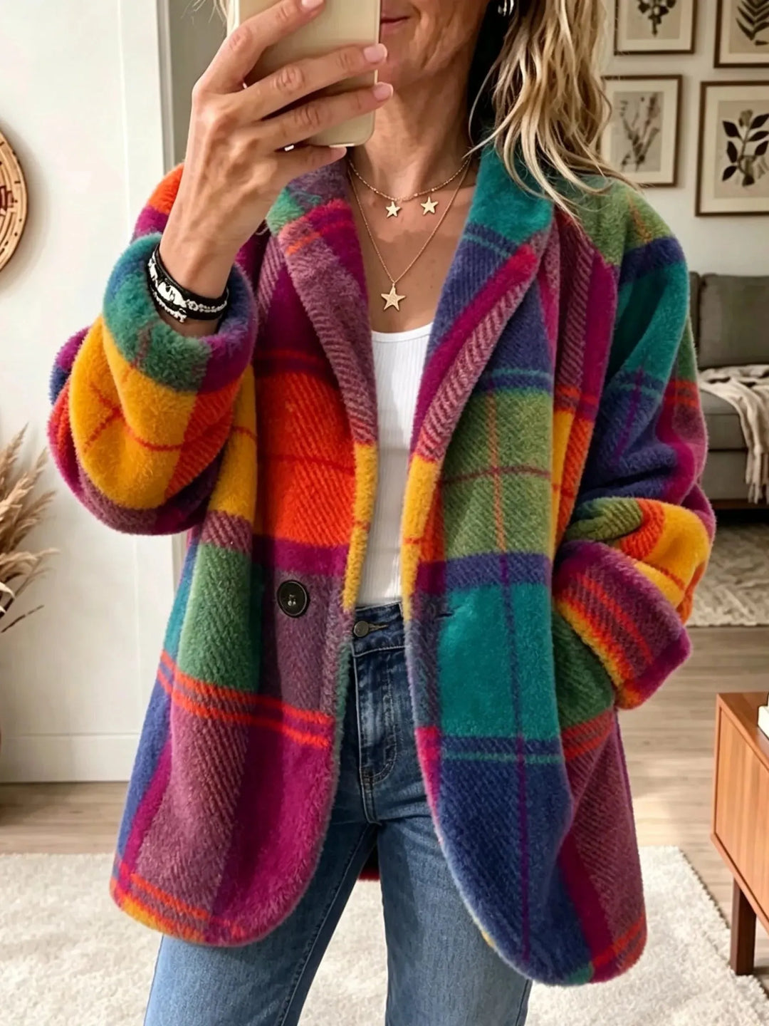 Women's Plaid Long Cardigan Blazer with Button Closure