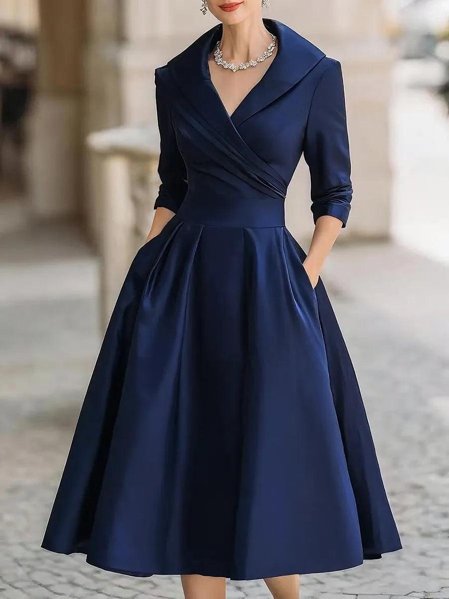 Women's V-Neck Pleated Wrap Midi Dress