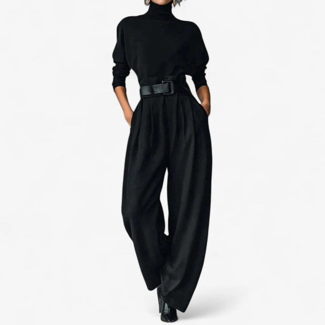 Women's Wide Leg Roll Neck Belted Jumpsuit